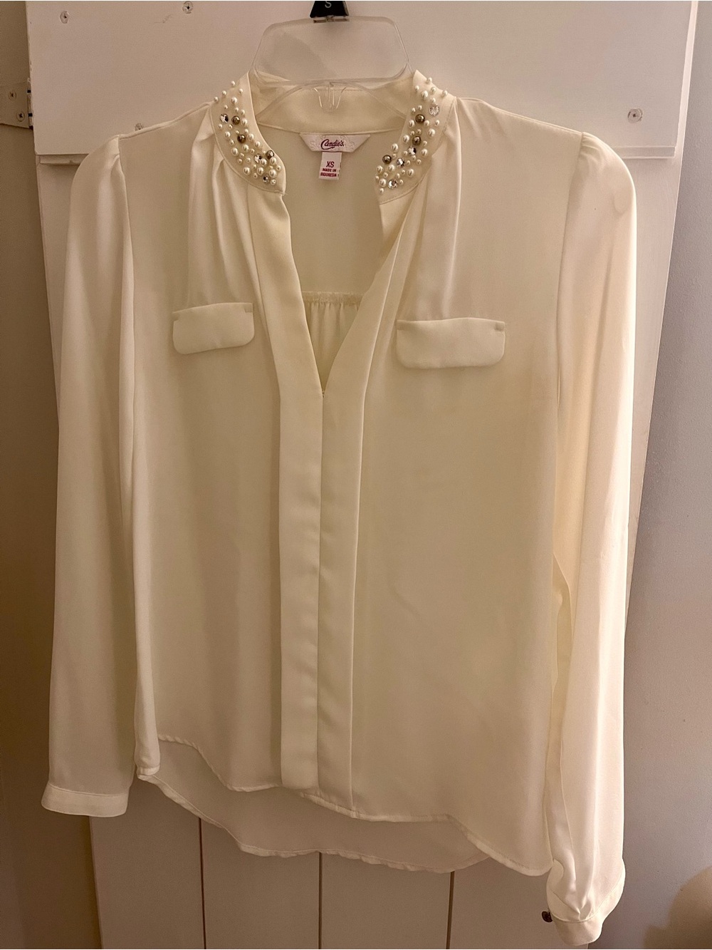 Candie's Ivory Pearl-Embellished Long-Sleeve Blouse